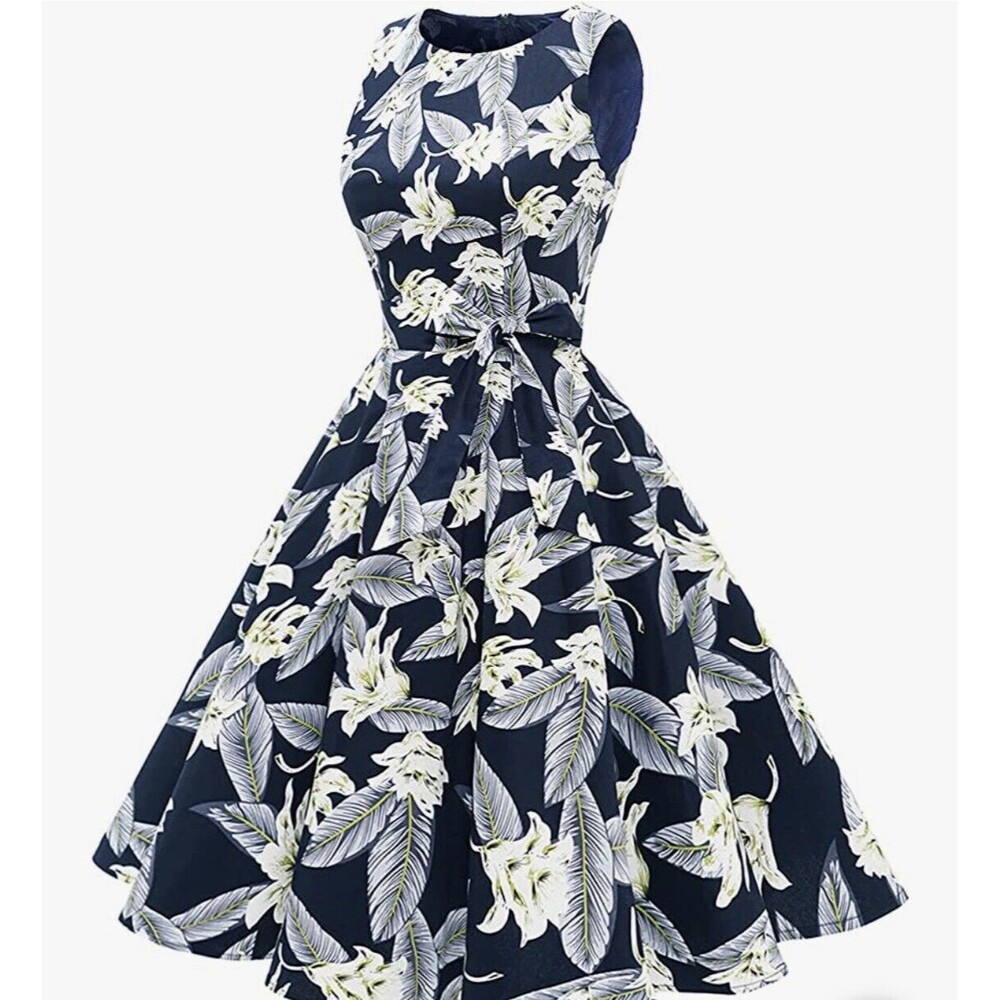 Bery Love Vintage Looking Retro Navy Blue Floral Dress - Small - New